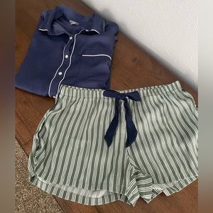 Aerie small navy, white, and sage satin short and shirt pajama set
